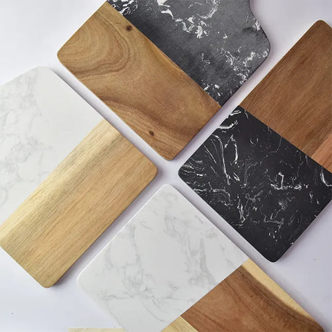 DuoTone Black Marble &amp; Wood Cutting Board - With Handle