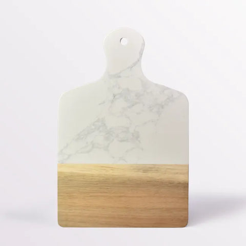 DuoTone White Marble &amp; Wood Cutting Board -With Handle