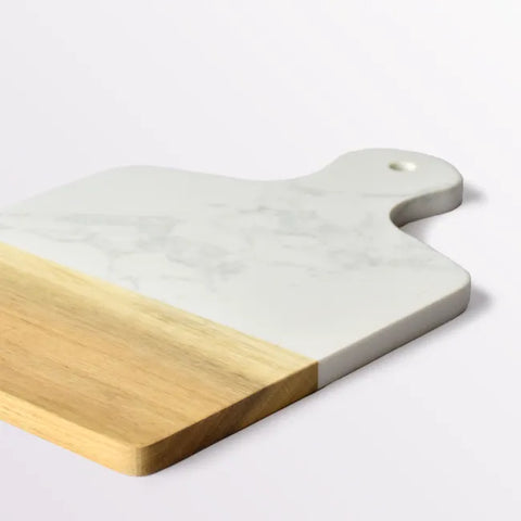 DuoTone White Marble &amp; Wood Cutting Board -With Handle