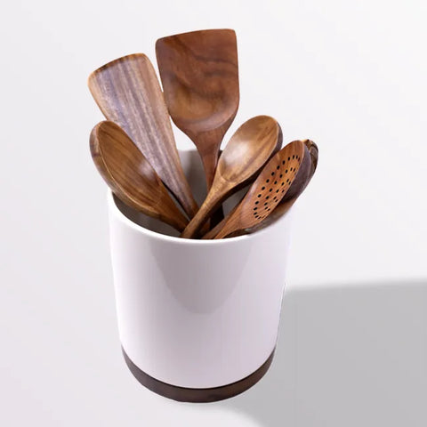 Rotating Utensil Holder With Wooden Base